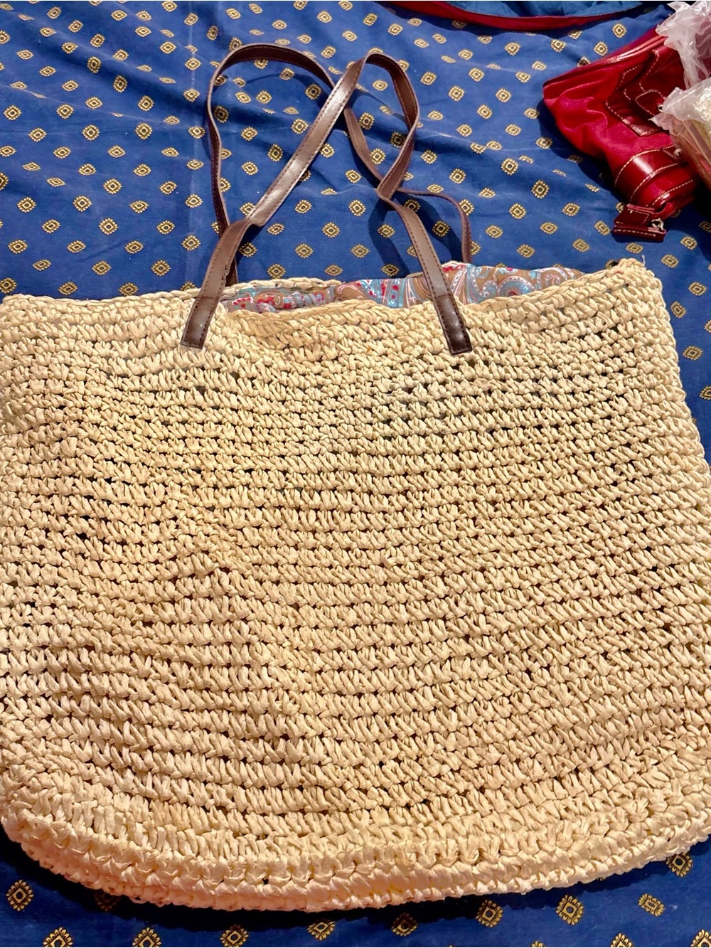 Cream Woven Tote with Brown Handles
